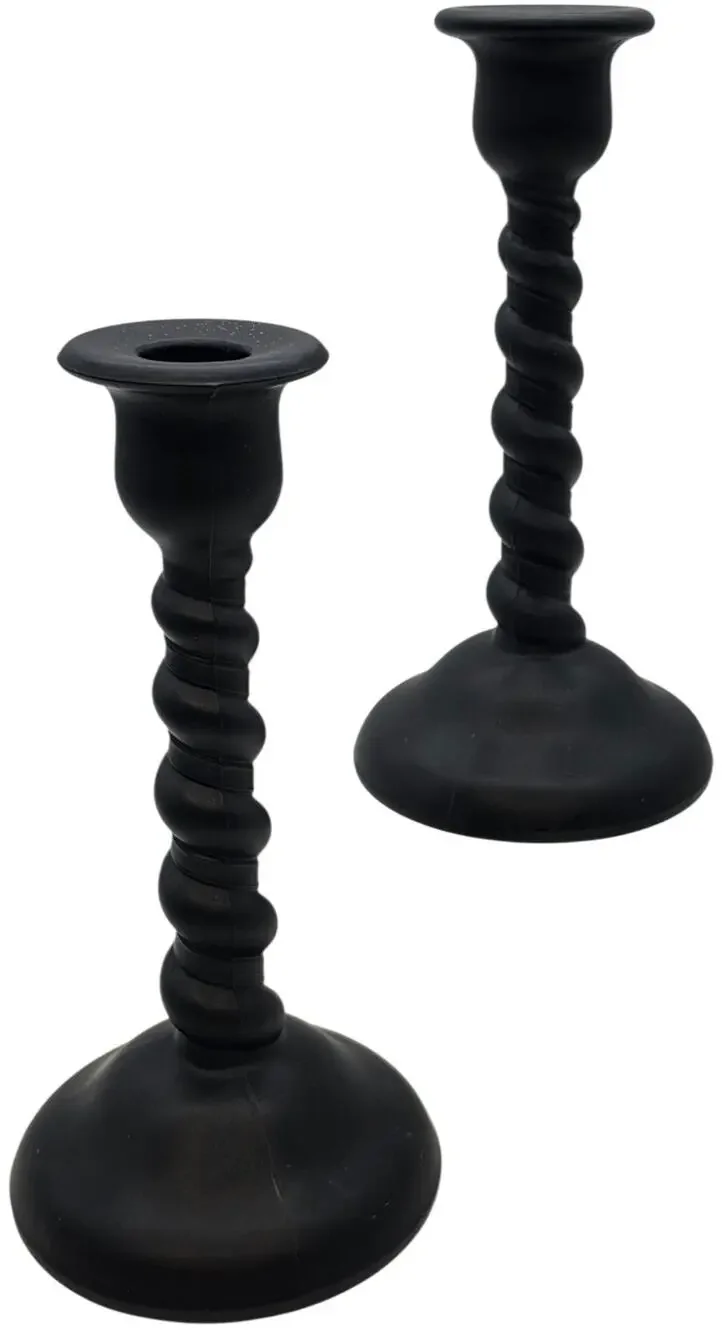 PAIR TIFFIN SATIN EBONY TWIST CANDLESTICKS TAPER 8 1/4